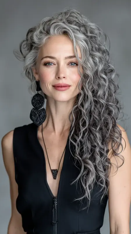Silver Spiral Curls -  silver hair color ideas 