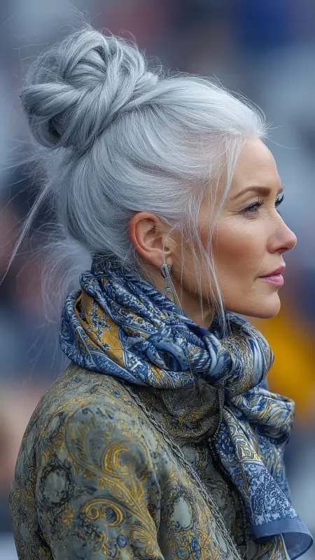 Silver Top Knot - gray hair styles for women over 50