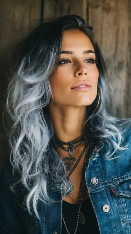 Shimmering Silver Waves: A Bold Dance of Light - Silver highlights on dark hair