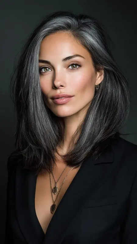 Dazzling Depth: Medium Layers with Shimmering Silver Touches - Silver highlights on dark hair