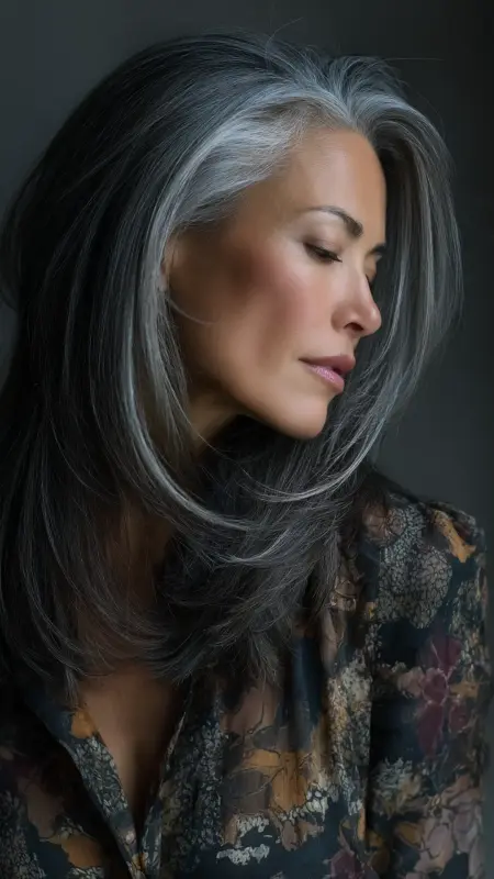 Shimmering Silver Symphony: Embrace Your Bold Elegance - Silver highlights on dark hair