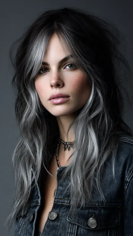 Celestial Waves: Unleash the Luminescent Layers - Silver highlights on dark hair