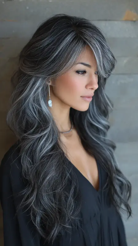 Enchanting Ebony Waves with Moonlit Hues - Silver highlights on dark hair