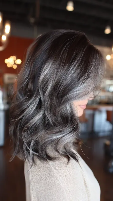 Enchanted Silver Waves: A Marvelous Medium Cut - Silver highlights on dark hair