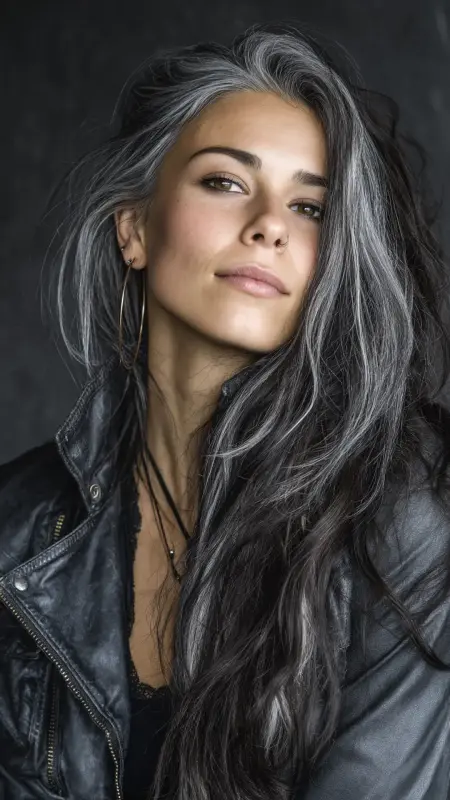 Starlit Waves: Silver-Touched Elegance - Silver highlights on dark hair