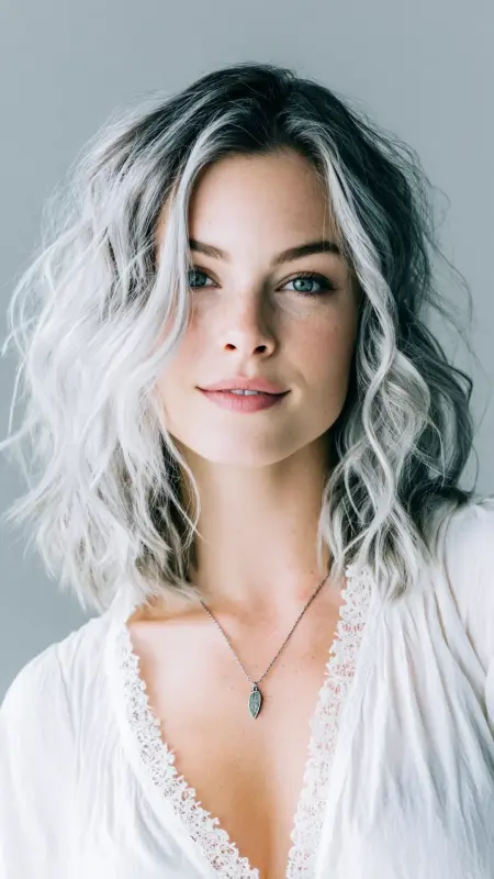 Enchanting Waves: Silver Strands on a Midnight Canvas - Silver highlights on dark hair
