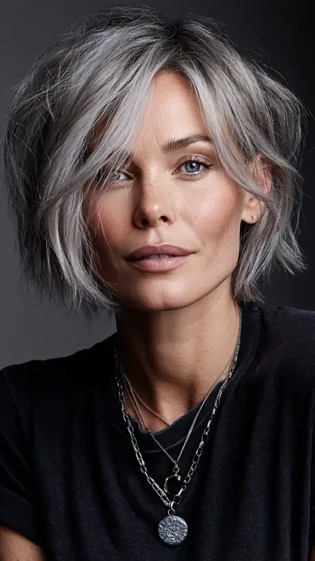 Shimmering Waves: The Enchanting Silver-Touched Bob - Silver highlights on dark hair