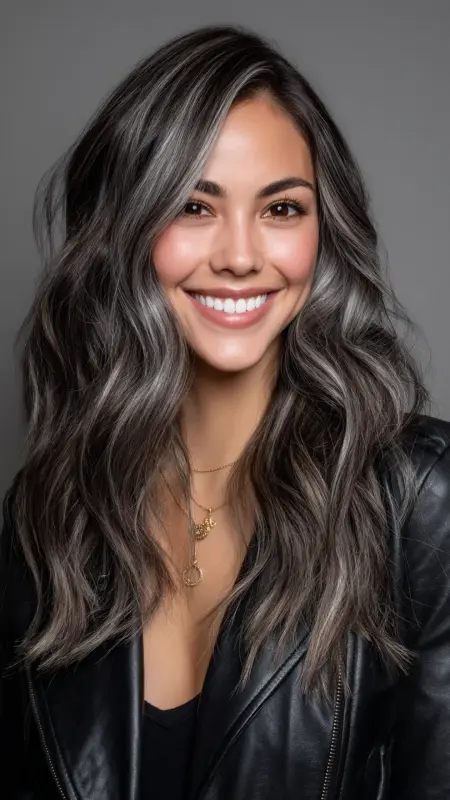 Ocean-Inspired Waves with Ethereal Silver Shimmers - Silver highlights on dark hair