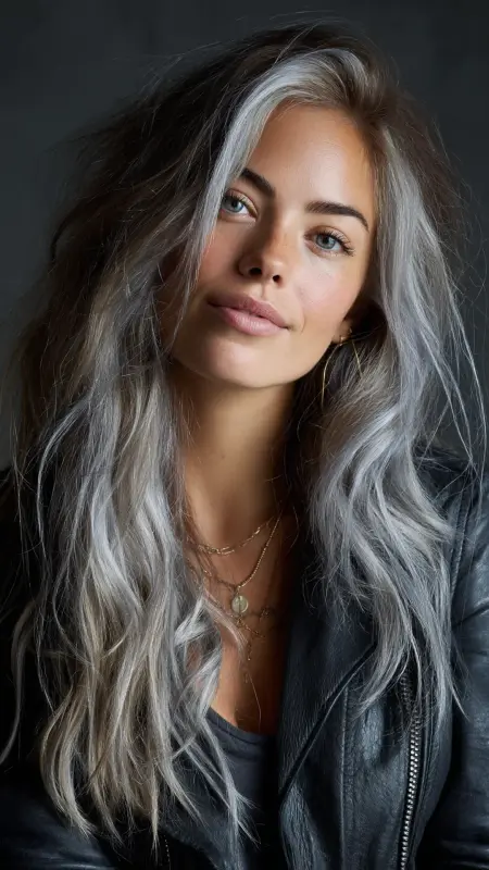 Dazzling Silver Waves: A Symphony of Light and Dark - Silver highlights on dark hair