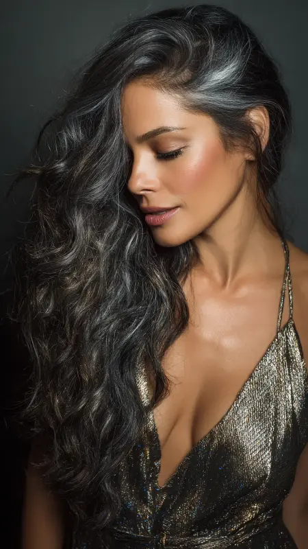 Enchanting Waves with Silver Mystique - Silver highlights on dark hair