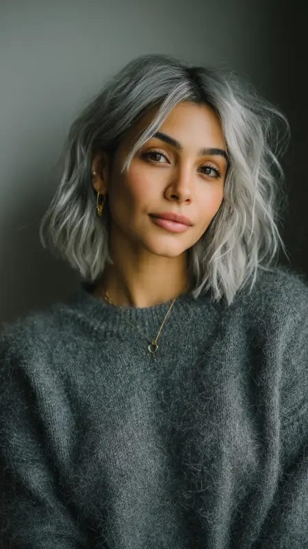Silver Cascade Bob: The Edgy Elegance - Silver highlights on dark hair