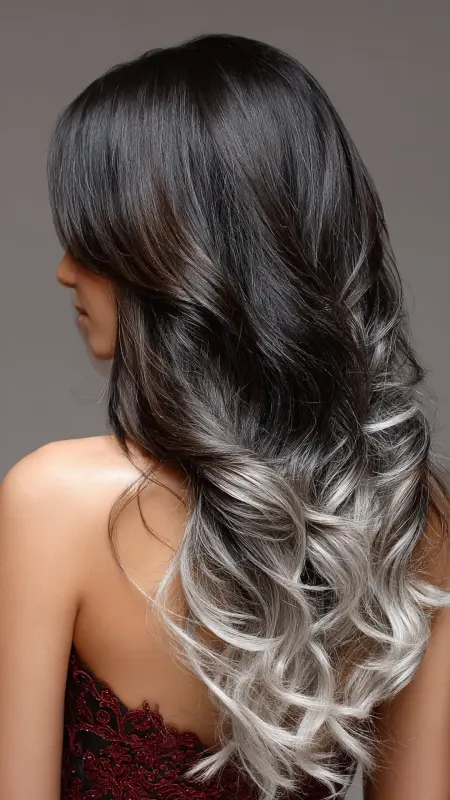 Enchanting Waves: The Silver Lining Elegance - Silver highlights on dark hair