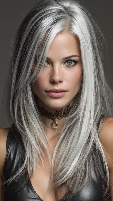 Dazzling Silver Cascade: A Bold Hair Transformation - Silver highlights on dark hair