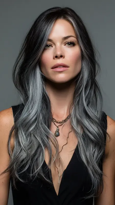 Ethereal Waves: Unleash Your Inner Silver Siren - Silver highlights on dark hair