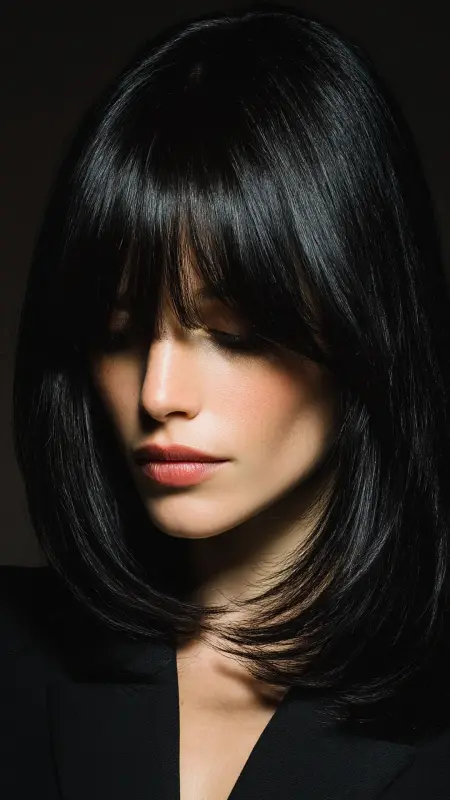 Sleek Blowout with Curtain Bangs - long curtain bangs round face