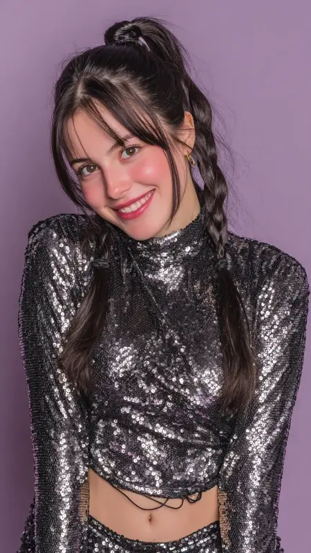 Sleek Bubble Ponytail - long straight hair with curtain bangs