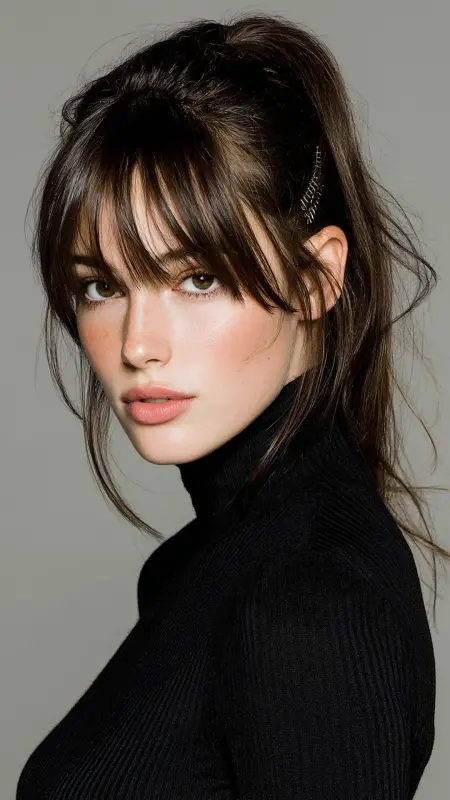 Sleek Claw Clip Updo - long straight hair with curtain bangs