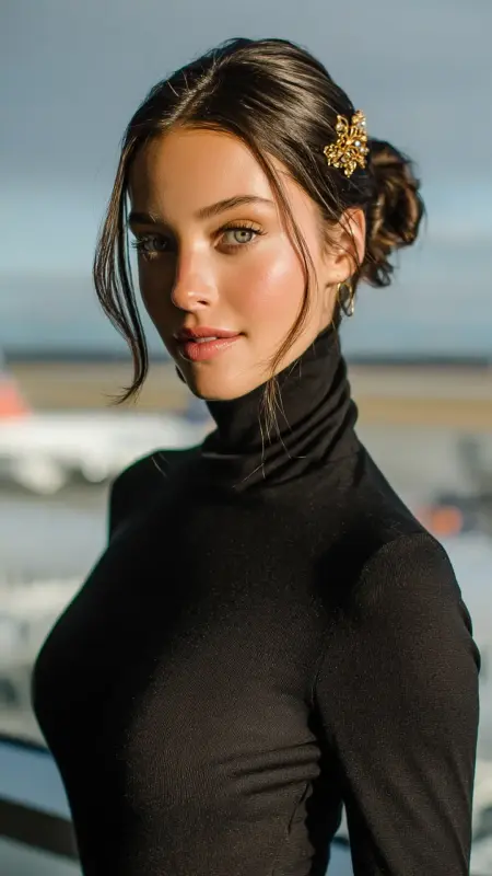 Sleek Low Bun with Center Part - Cute Airport Hairstyles