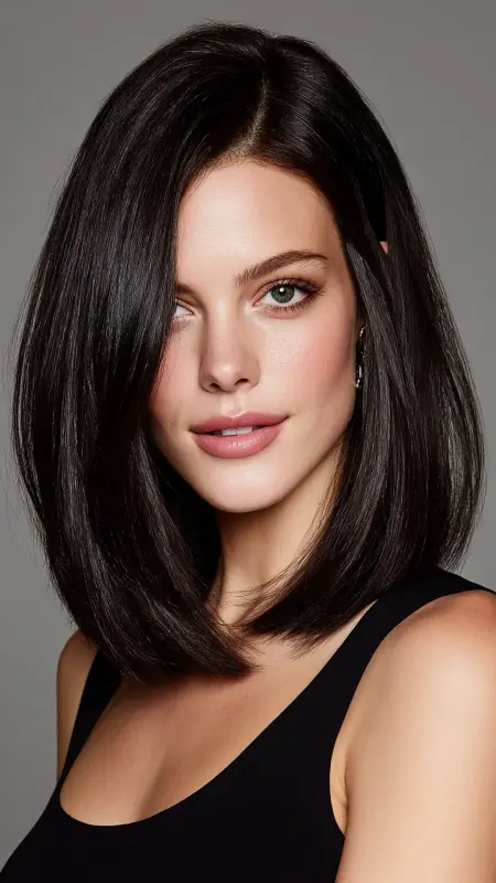 Sleek Midi Cut with Deep Side Part - Medium length haircut for round faces