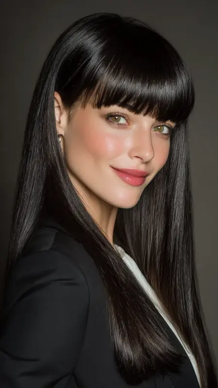 Sleek Polished Power Look - long straight hair with curtain bangs