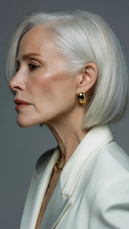 Sleek Side-Parted Bob - Short white hair for older women