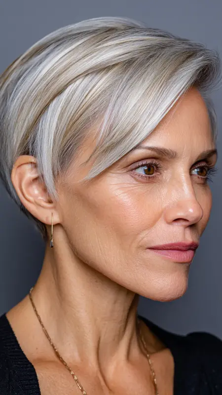 Sleek Side-Parted Pixie - Pixie hairstyles for older women over 60