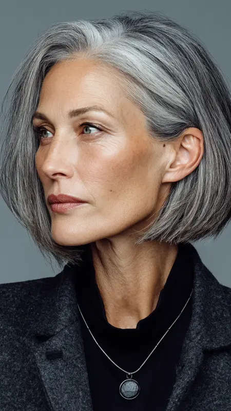 Sleek Silver Blunt Cut - gray hair styles for women over 50