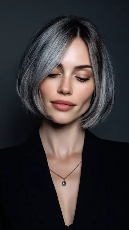 Sleek Silver Bob - Silver highlights