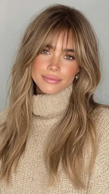 Sleek Tucked-In Hair - long straight hair with curtain bangs