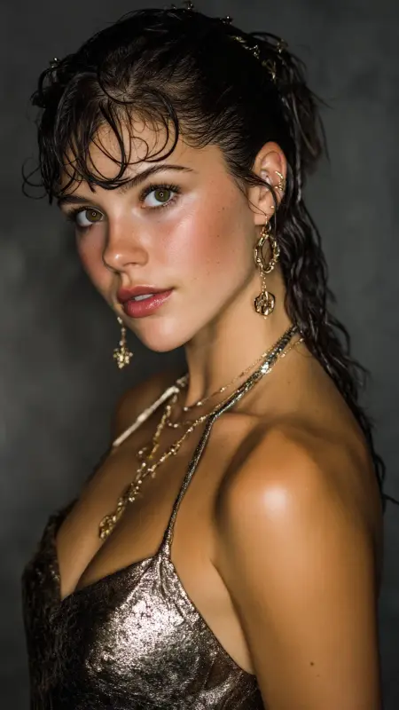 Slicked-Back Curtain Bangs with Wet Look - long curtain bangs round face