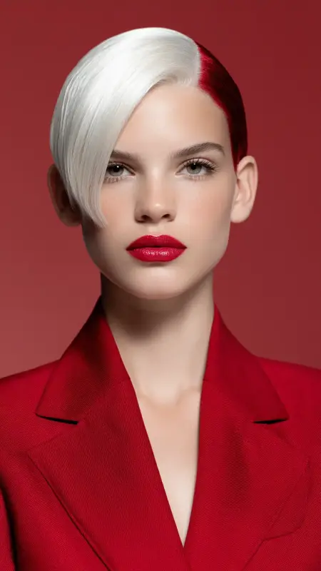 Slicked Short Cut - Ruby Red Pearl White - Two hair colors split