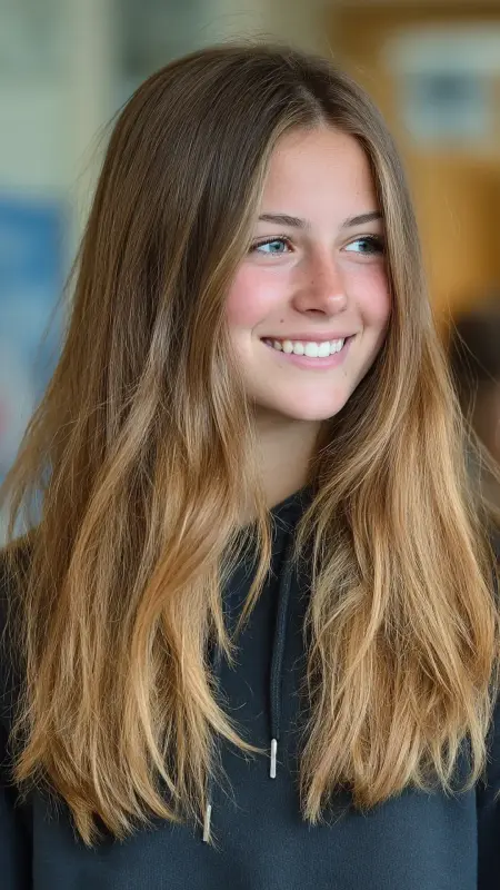 Soft Caramel Dip-Dye on Layered Lob - Hair color ideas for school