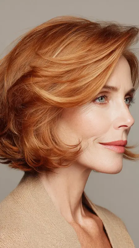 Soft Copper Bob with Feathered Ends - hair color ideas for women over 70