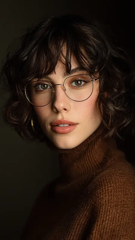Soft Curly Crop with Baby Bangs - short curly hair with glasses