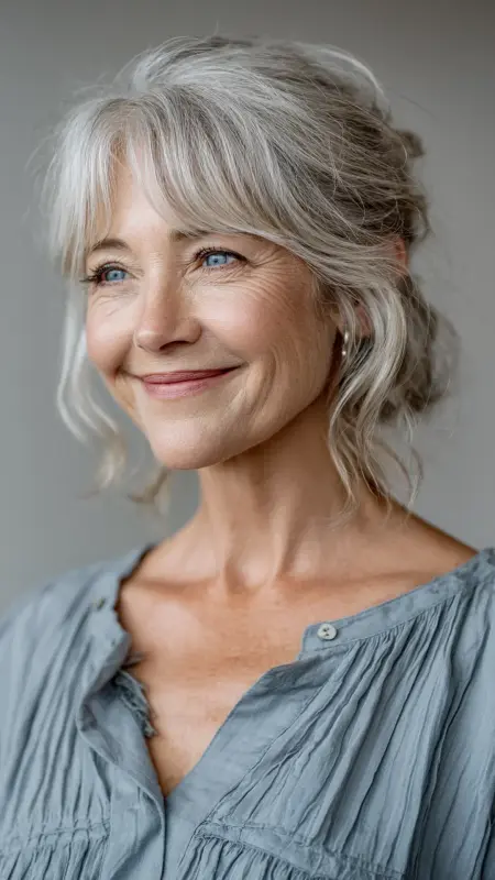 Soft Feathered Layers with Side-Swept Bangs - Medium length hair with layers over 60 older women