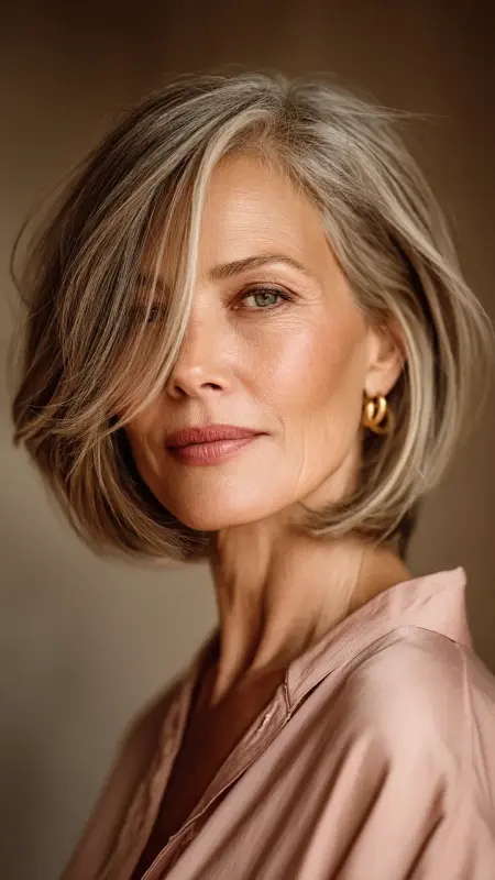Soft Feathered Layers with Side-Swept Bangs - Shoulder Length Hairstyles For Women Over 60