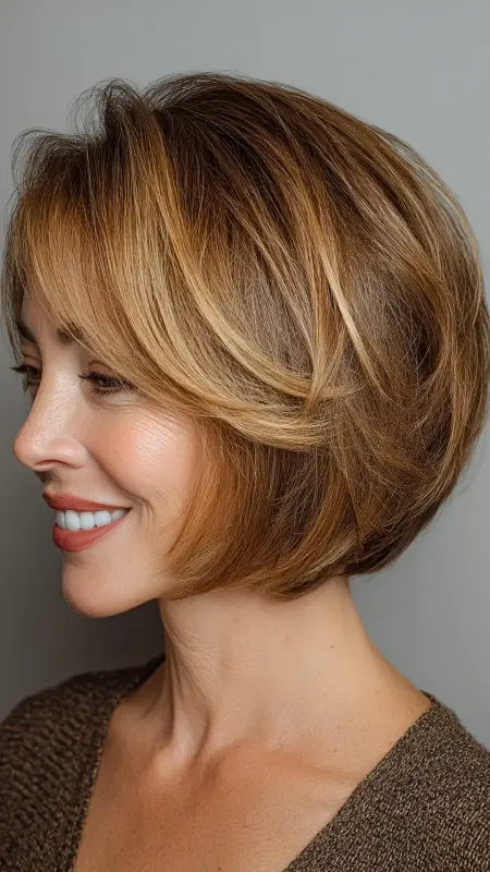 Soft Layered Bob with Side Bangs - Medium length haircuts for women over 50