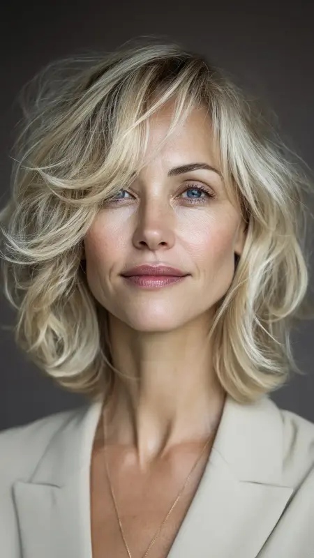 Soft Layered Bob with Side Bangs - medium length hair for women over 50
