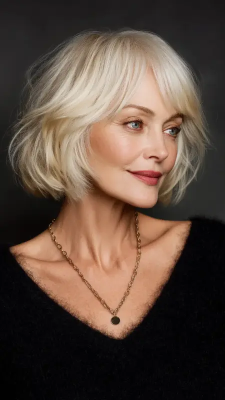 Soft Layered Bob with Wispy Bangs - Hairstyles for women over 70 with fine hair