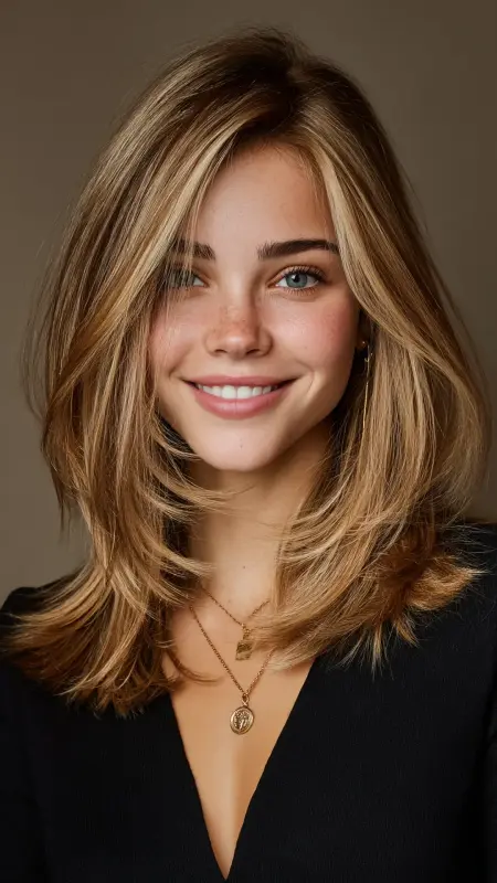 Soft Layered Lob with Face-Framing Highlights - Shoulder length haircut for round faces