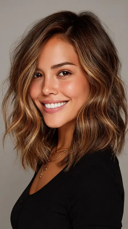 Soft Layered Lob with Side Part - Medium length haircut for round faces