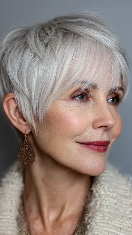 Soft Layered Pixie with Long Bangs - Hairstyles for women over 70 with fine hair
