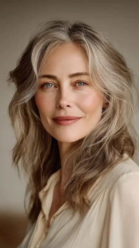 Soft Mocha Brown with Silver - hair color ideas for women over 70