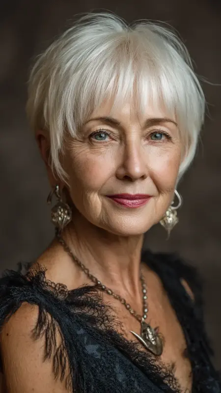 Soft Platinum Crop with Feathered Bangs - hair color ideas for women over 70