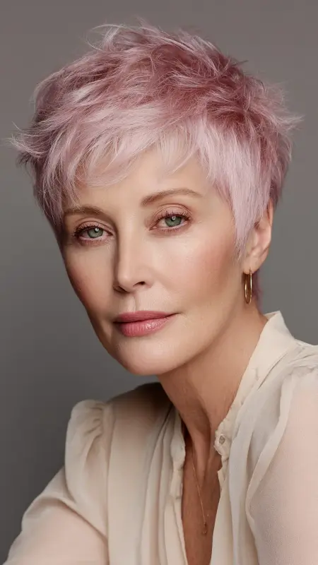 Soft Rose Gold Pixie - hair color ideas for women over 70