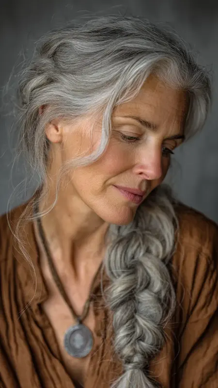 Soft Silver Braid - gray hair styles for women over 50