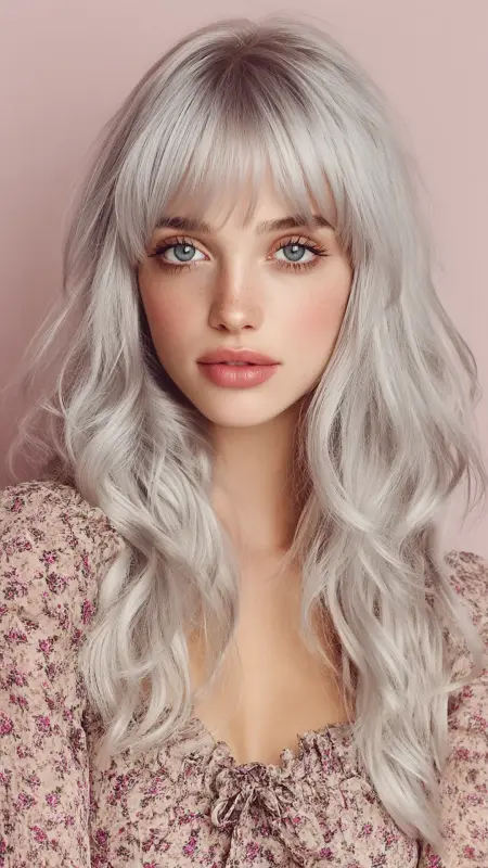 Soft Silver Curtain Bangs -  silver hair color ideas 