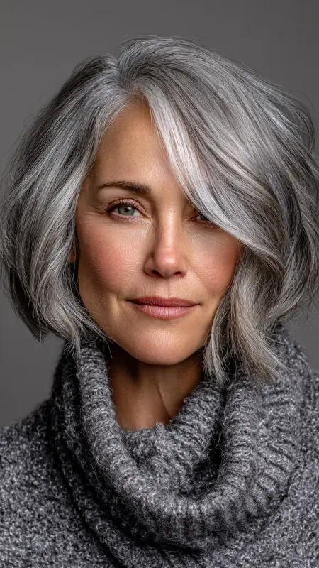 Soft Silver Layered Bob - gray hair styles for women over 50