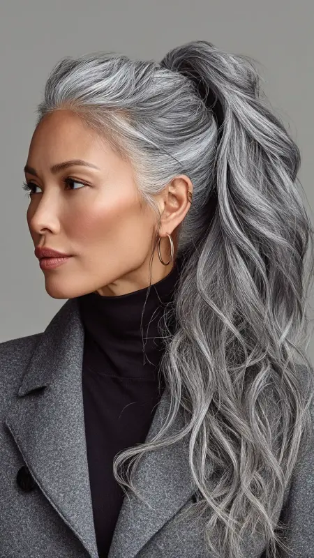 Soft Silver Ponytail with Volume - gray hair styles for women over 50