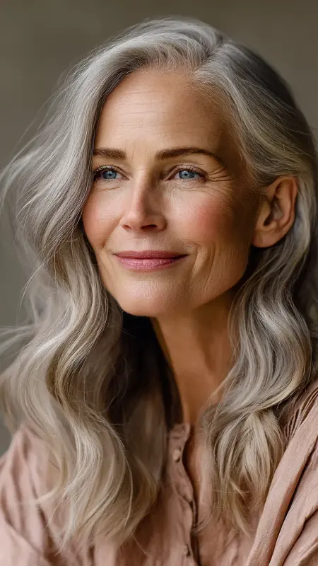 Soft Silver Waves with Face-Framing Layers - hair color ideas for women over 70